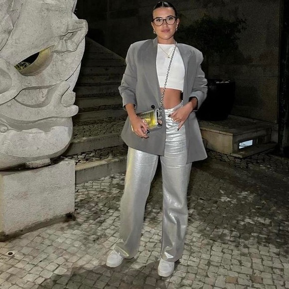 Zara TRF MID WAIST LOOSE LONG WIDE LEG FOIL LONG JEANS SILVER